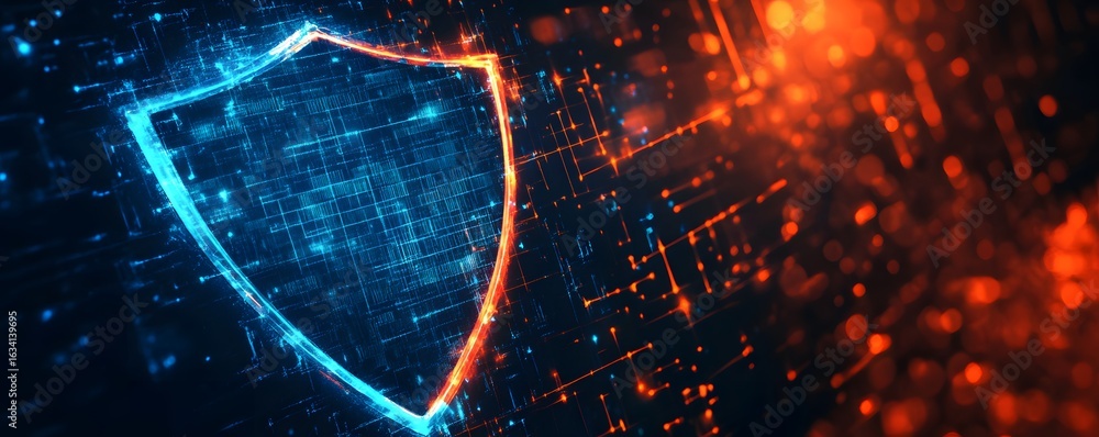 Poster a digital shield symbol representing cybersecurity and data protection.