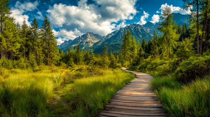 Obraz premium Scenic mountain trail winding through lush greenery under a vibrant sky