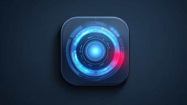 Futuristic interface element in a square button design with glowing blue and red light effects, suggesting modern technology and digital display.