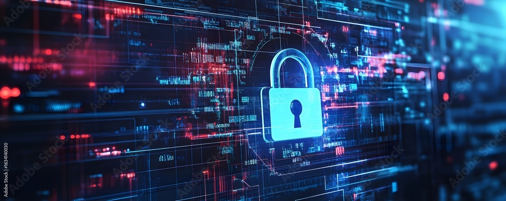 Poster a dynamic digital background featuring a padlock icon amidst vibrant, flowing lines of data, represe