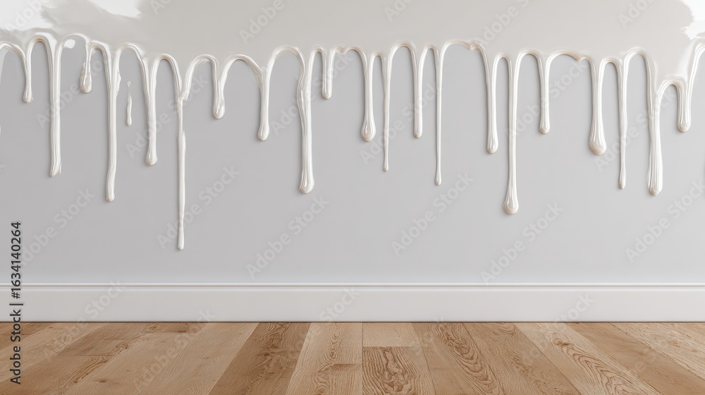 Poster realistic dripping gloss texture on clean wall with blank upper space in modern interior design sett