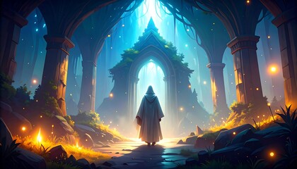 A hooded figure in a mystical, ruined temple
