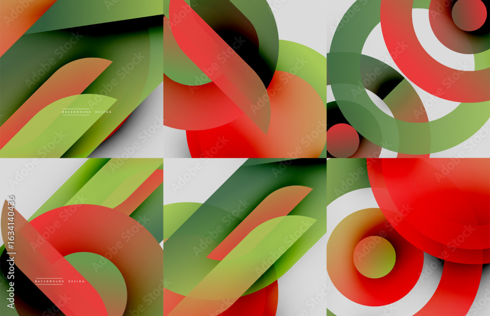 Poster abstract geometric shapes, vibrant green, red hues. overlapping layers create dynamic visual effect.