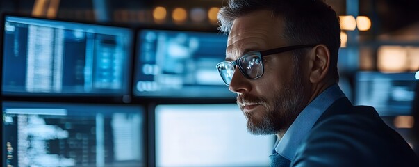 Fototapeta premium A focused professional analyzing data on multiple screens in a modern office environment. The image captures attention to detail, technology, and dedication in a corporate setting.