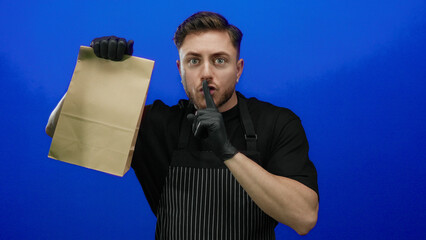 Young man with beard and apron holds a paper bag silently over an isolated blue background, wearing...