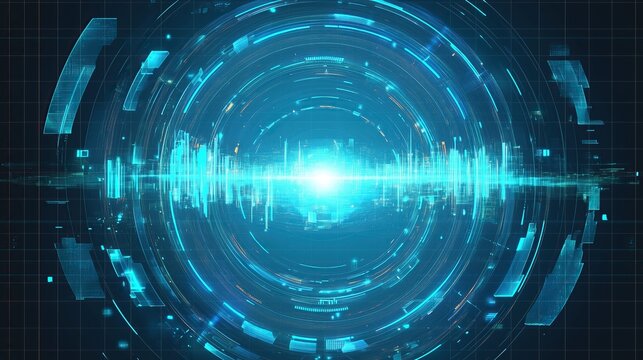 Blue Tech Sound Wave Icon with Glow Effect: HD Vector Graphic for Mobile Screensaver, Transparent Background with Light Gray Circles"