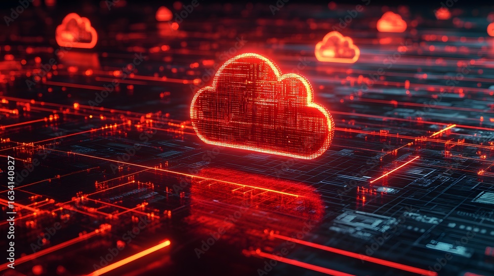 Poster a futuristic digital cloud concept with vibrant red neon lights. this image showcases cloud computin