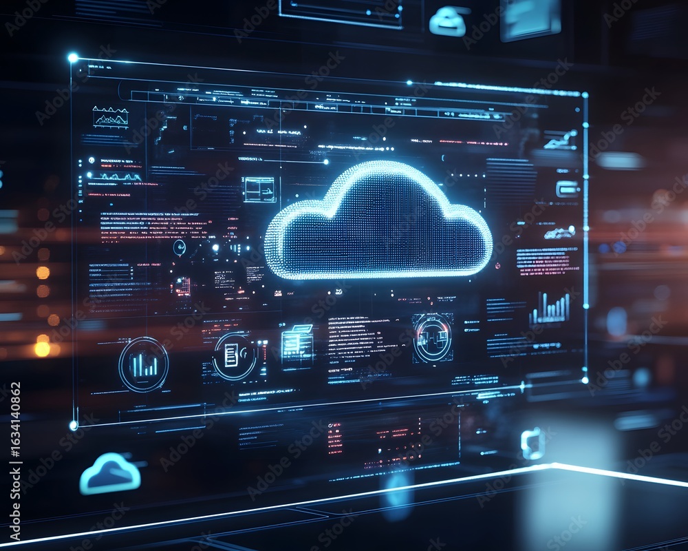 Poster a futuristic digital display featuring cloud computing icons and data analytics