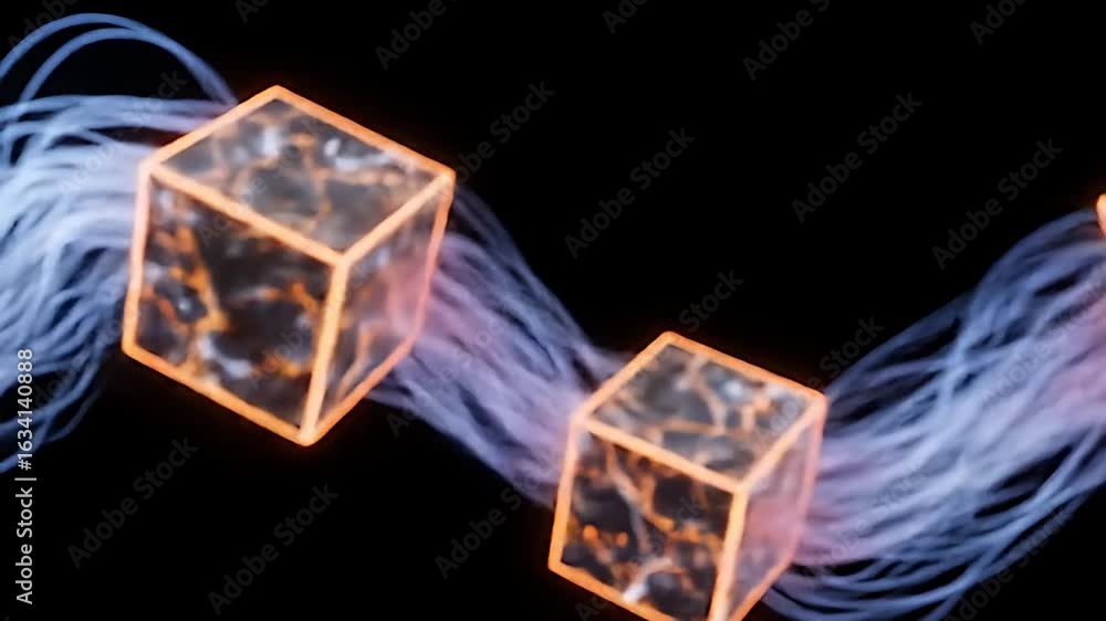 Poster abstract render of glowing cubes linked with strands against a stark black background
