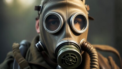 Close-up of a Person Wearing a Vintage Gas Mask, Intimate Portrait.