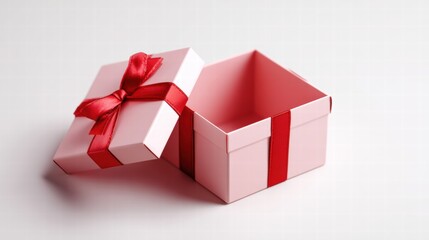 Open Pink Gift Box with Red Ribbon on White Background &ndash; Minimalist Celebration Concept