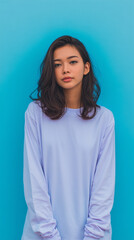 Obraz premium Female model wearing a long mandarin shirt on a light pink or light purple, light blue and other light colored background