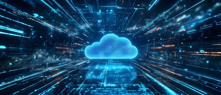 A futuristic depiction of cloud computing technology, showcasing a luminous cloud symbol surrounded by vibrant digital data streams and connectivity, representing modern innovation