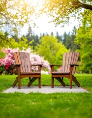 Two wooden Adirondack chairs in a park setting