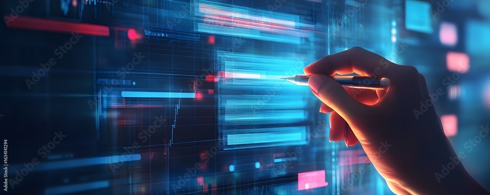 Poster a hand interacting with a futuristic digital interface, showcasing vibrant data visualizations and u
