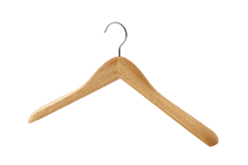 Light-brown wooden coat hanger with a metal hook