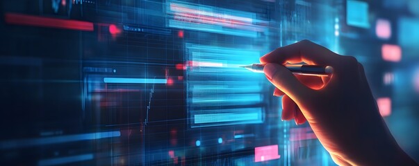 A hand interacting with a futuristic digital interface, showcasing vibrant data visualizations and user engagement with technology, reflecting innovation and advanced communication