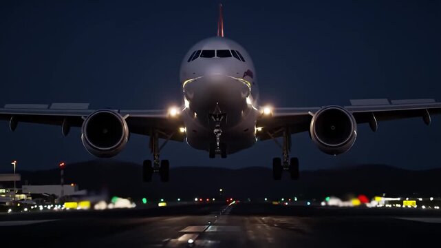 Passenger airplane approaching for landing at night with runway lights visible