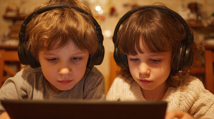 Two kids, engrossed in a tablet screen, wear headphones, sharing a quiet moment of digital interaction, enhancing auditory experience with focused attention.