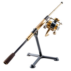 Gold and black fishing rod and reel on a stand, isolated on white background