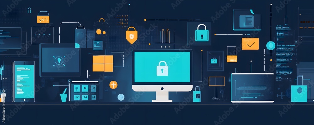 Aufkleber a modern digital workspace showcasing various devices and security elements, emphasizing the importa