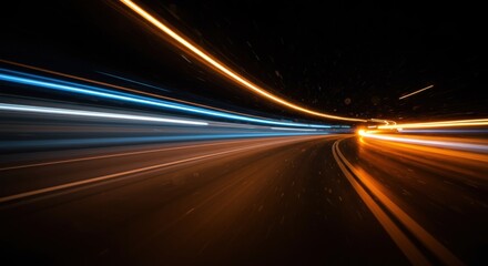 Streaks of vibrant light blur into a dynamic abstract pattern on a dark road at night