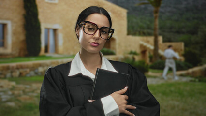 Hispanic woman in judge robe outdoors holding book in front of rustic building on a cloudy day with mountains in the background.