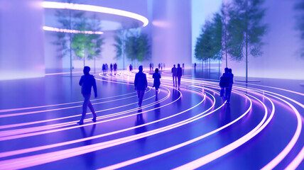 A tilt-shift photography effect of a futuristic cityscape with glowing purple light trails.