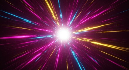 Vibrant burst of neon light streaks radiating from a bright central glow