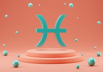 Pisces zodiac symbol floating above a pedestal with orbs