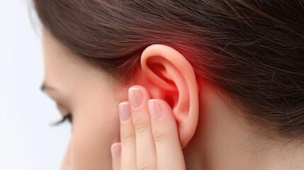 Young woman gently touching her ear showing signs of ear pain or hearing problems