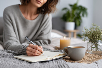 A serene shot of a person in a cozy sweater writing in a journal on a bed. A lit candle and a mug are next to the notebook, creating a peaceful and warm morning atmosphere for reflection.
