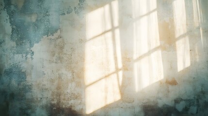 Golden Sunlight Filtering Through Sheer Curtains onto Weathered Wall Surface perfect for mood board designs, lifestyle blog backgrounds, interior lighting concepts and architectural visualization