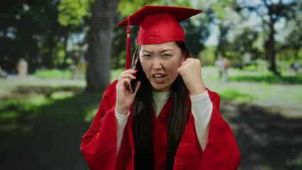 Woman in graduation gown and cap expressing frustration on phone outdoors in park setting,...