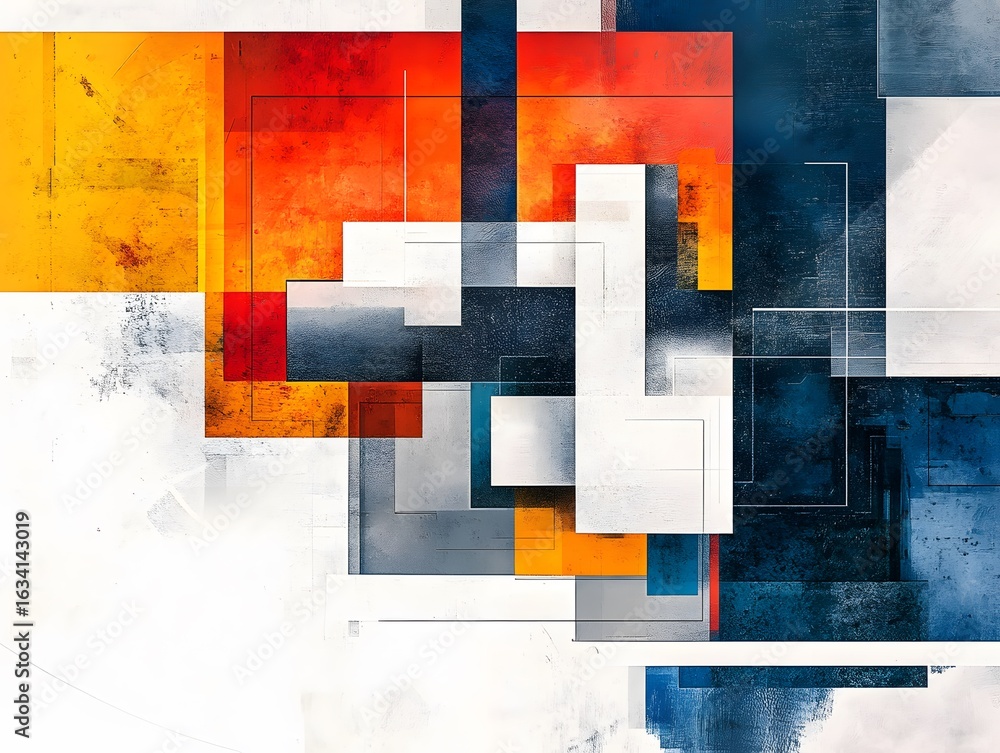 Poster a vibrant abstract composition featuring intersecting geometric shapes in bold colors of red, blue, 