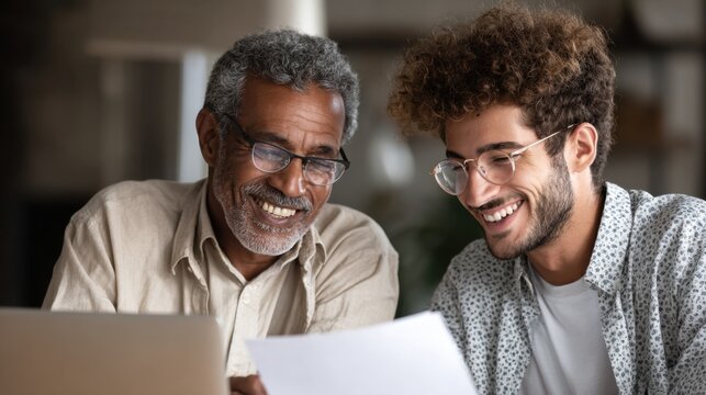 Two men of different generations are joyfully collaborating on a project, sharing smiles and a document, suggesting a positive and productive working relationship.