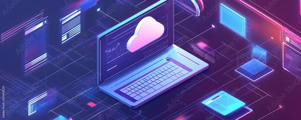Poster a vibrant and futuristic digital landscape featuring a laptop with cloud computing elements. the sce