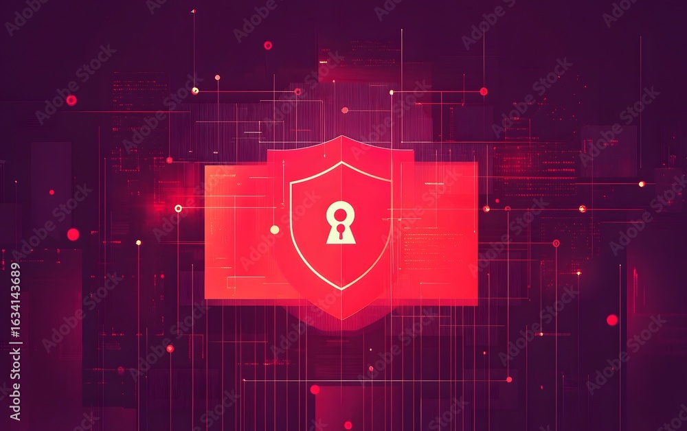 Poster a vibrant digital shield icon representing cybersecurity. the red color scheme and lock symbol empha