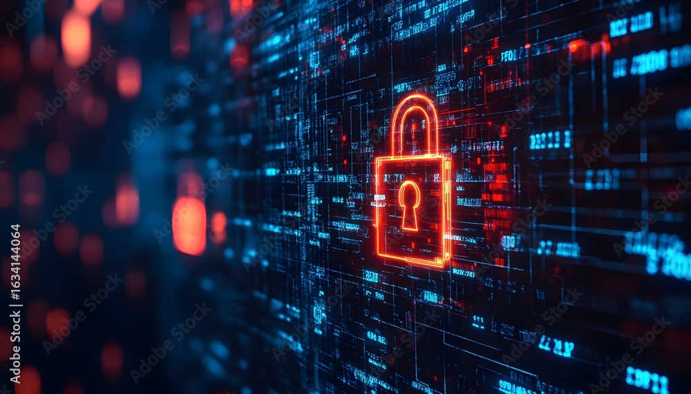 Poster a vibrant representation of cybersecurity, featuring a digital lock symbol against a backdrop of flo
