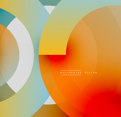 Abstract circles overlap, creating vibrant gradients. Orange, yellow, blue hues dominate design. Minimalist aesthetic, modern feel.