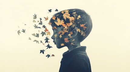 Boy with Falling Autumn Leaves in Grey Tones