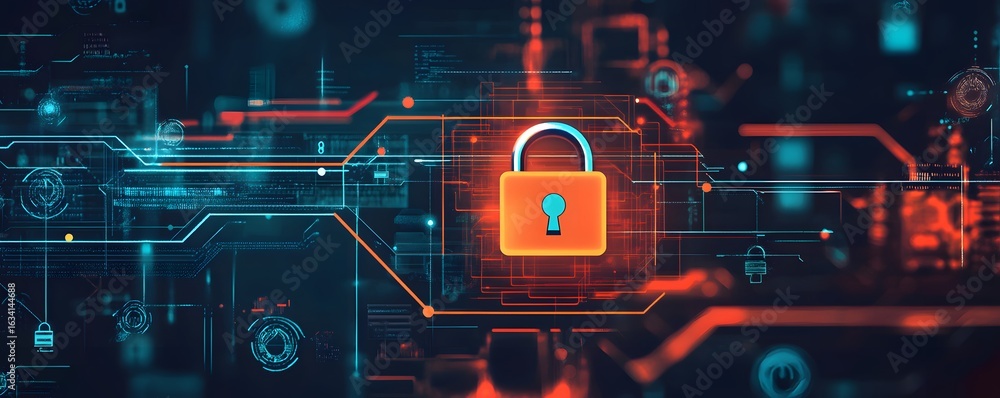 Poster a vivid digital illustration showcasing a secure padlock amidst an intricate network of data connect