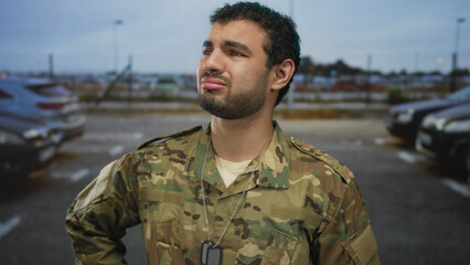 Man soldier in camouflage uniform grimaces with face on street by cars wearing dogtags; frustration.