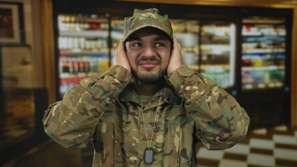 Fototapeta premium Man in camouflage military uniform covers ears and grimaces at echoing noise in building; discomfort.