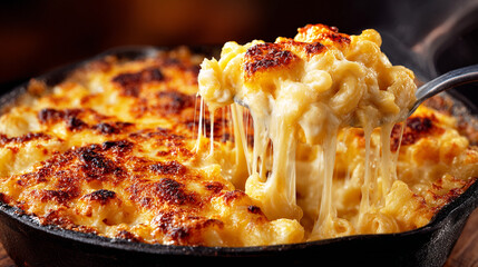 A mouthwatering close-up of the creamy, cheese-filled mac and cheese is being served in an iron pan with a golden-brown crust on top