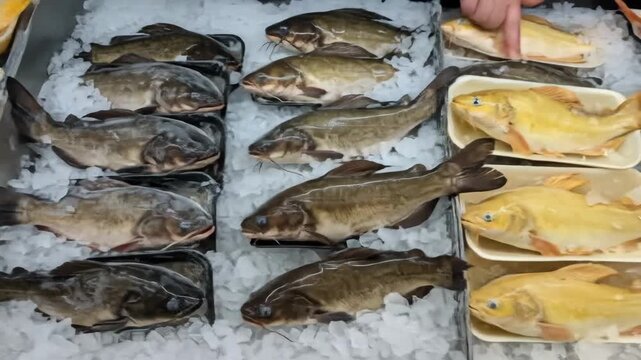 Fresh Catfish on Ice at Market - Rows of fresh catfish are displayed on a bed of ice in a market. A hand is visible in the upper left corner, seemingly pointing towards the fish.