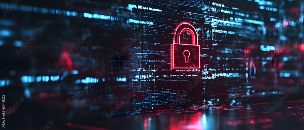 Poster an abstract representation of cybersecurity, featuring a glowing red lock over a digital background