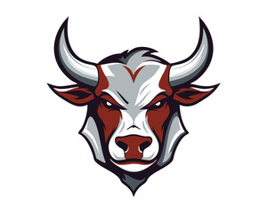 Stylized graphic illustration of a bull's head, bold colors and lines.
