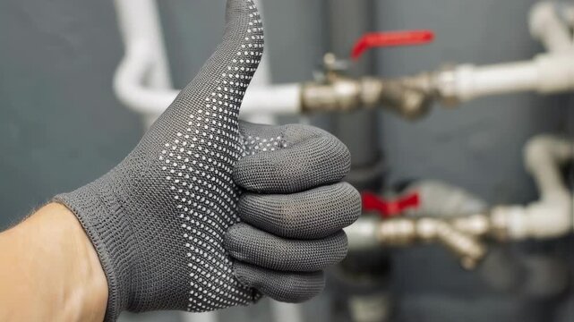 A man with a protective work glove gives a thumbs up gesture, signifying approval or success in a plumbing or pipe system environment, video footage.