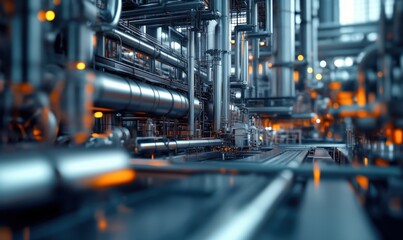 Fototapeta premium Complex network of metallic pipes and machinery inside a manufacturing plant, showcasing intricate industrial design elements with a warm glow during the early morning
